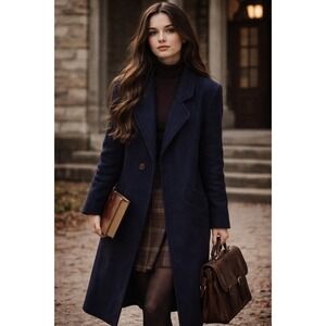 Miss Bobbie Women Navy Blue 100% Wool Long Trench Coat Made in USA  Lg vintage